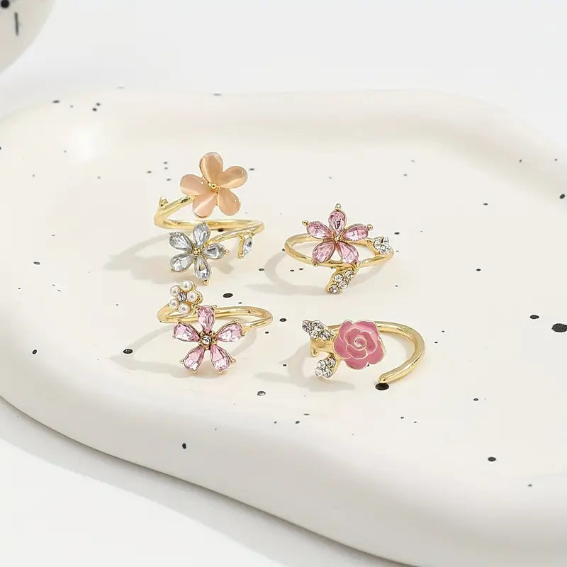 4-Piece Alloy Rhinestone & Pearl Flower Ring Set
