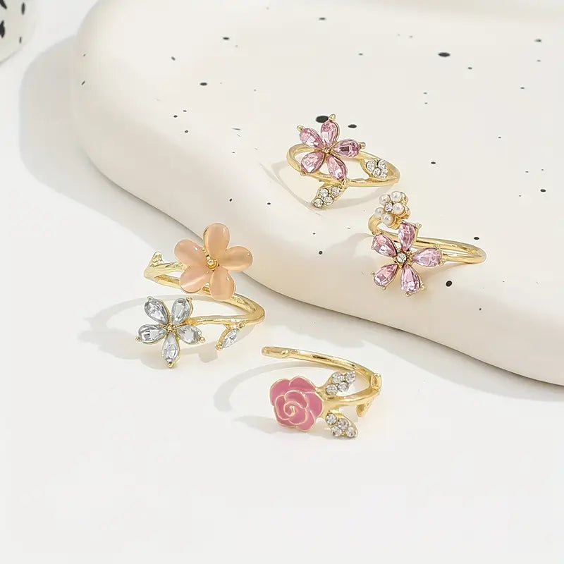 4-Piece Alloy Rhinestone & Pearl Flower Ring Set
