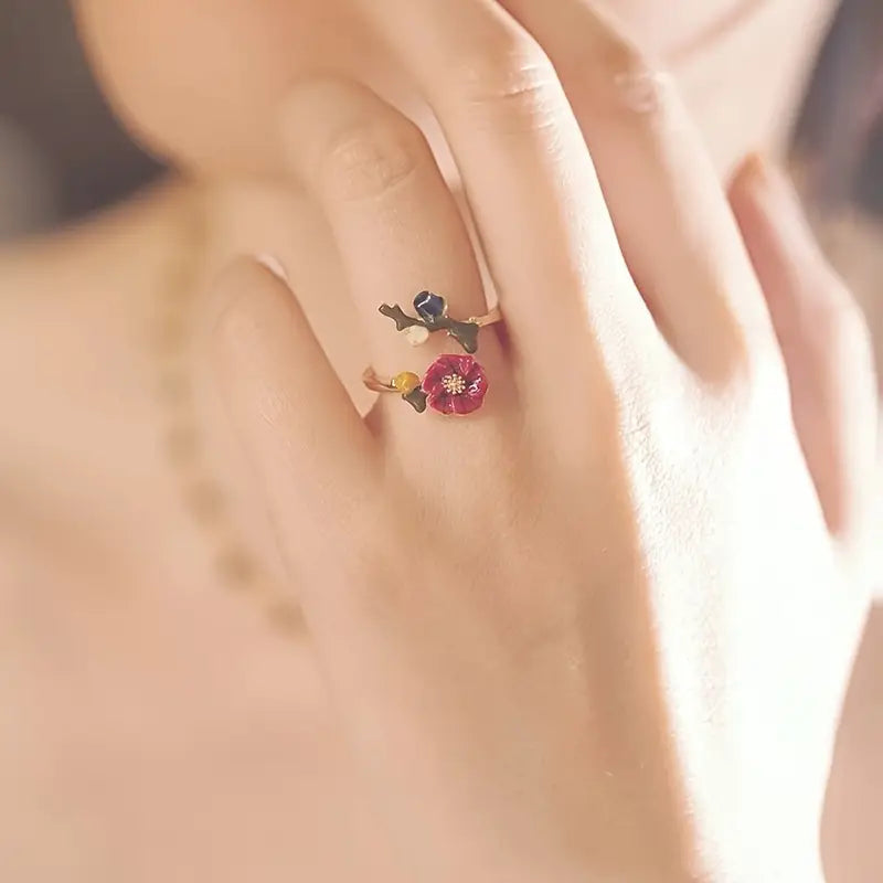 Enamel Flower Open Ring – Retro French High-End Women’s Index Finger Jewelry (F38)