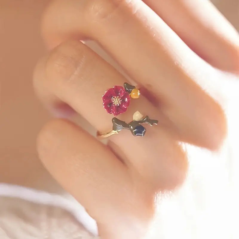 Enamel Flower Open Ring – Retro French High-End Women’s Index Finger Jewelry (F38)