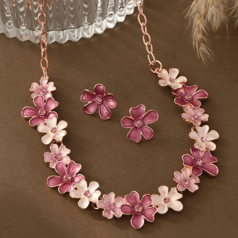 Pink Enamel Flower Jewelry Set – Large Flower Necklace & Earrings