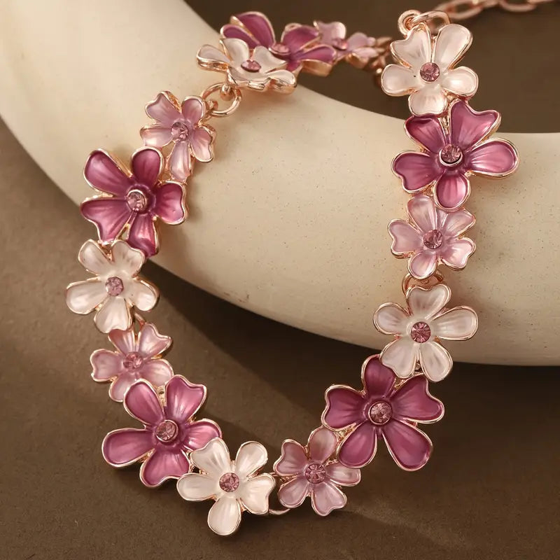 Pink Enamel Flower Jewelry Set – Large Flower Necklace & Earrings
