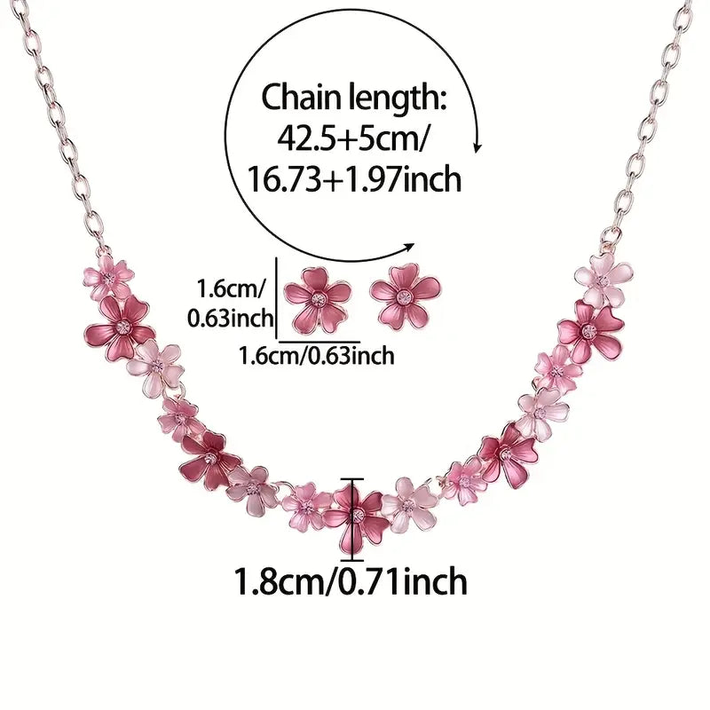 Pink Enamel Flower Jewelry Set – Large Flower Necklace & Earrings