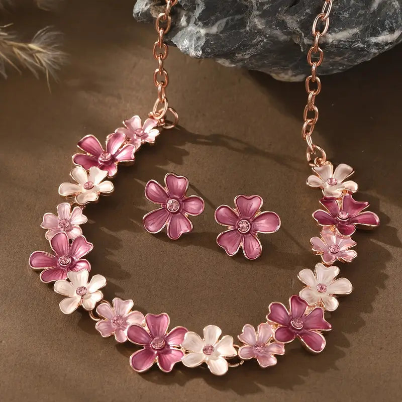 Pink Enamel Flower Jewelry Set – Large Flower Necklace & Earrings