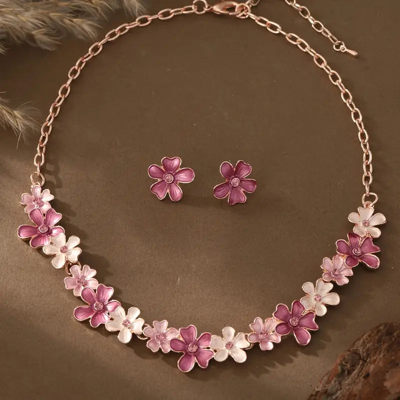 Pink Enamel Flower Jewelry Set – Large Flower Necklace & Earrings